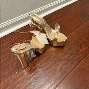 SCHUTZ Gold Platform Heels with Bow Detail